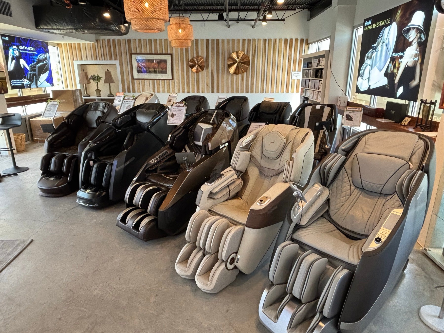 A row of massage chairs on the LMC Orlando showroom floor