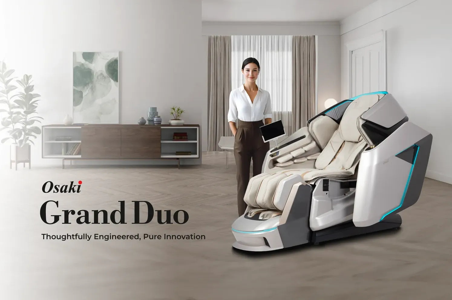 Indulge in the serenity of Osaki's most elegantly crafted dual back massage rolling system.